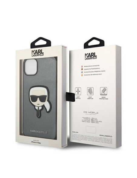Karl Lagerfeld Saffiano Karl& 39 s Head Patch dėklas, skirtas iPhone 14 Plus – sidabrinis Karl Lagerfeld Saffiano Karl& 39 s Head Patch dėklas, skirtas iPhone 14 Plus – sidabrinis
