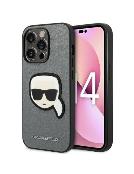 Karl Lagerfeld Saffiano Karl& 39 s Head Patch dėklas, skirtas iPhone 14 Pro – sidabrinis