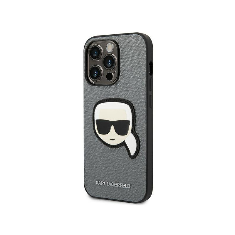 Karl Lagerfeld Saffiano Karl& 39 s Head Patch dėklas, skirtas iPhone 14 Pro – sidabrinis