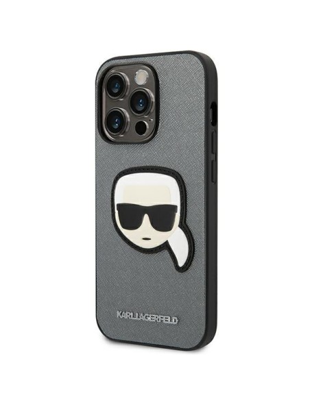 Karl Lagerfeld Saffiano Karl& 39 s Head Patch dėklas, skirtas iPhone 14 Pro – sidabrinis
