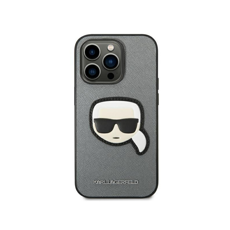 Karl Lagerfeld Saffiano Karl& 39 s Head Patch dėklas, skirtas iPhone 14 Pro – sidabrinis