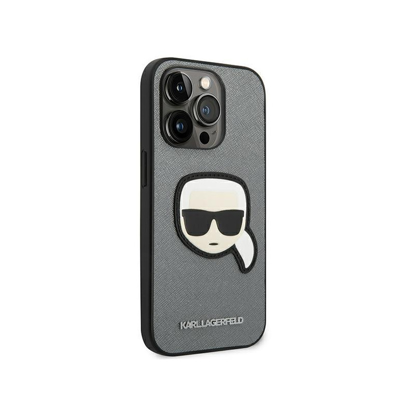 Karl Lagerfeld Saffiano Karl& 39 s Head Patch dėklas, skirtas iPhone 14 Pro – sidabrinis