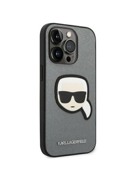 Karl Lagerfeld Saffiano Karl& 39 s Head Patch dėklas, skirtas iPhone 14 Pro – sidabrinis