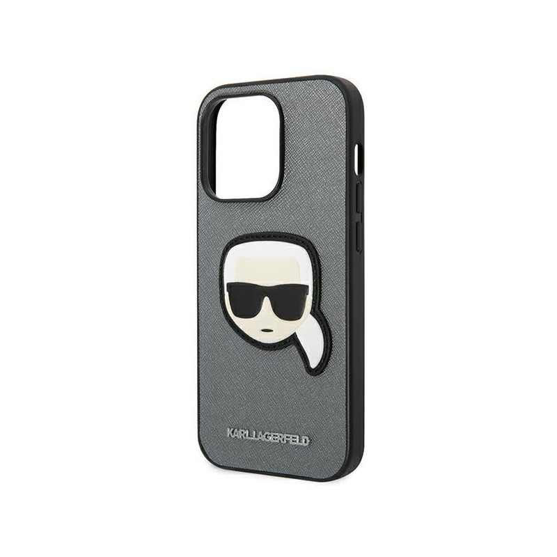 Karl Lagerfeld Saffiano Karl& 39 s Head Patch dėklas, skirtas iPhone 14 Pro – sidabrinis