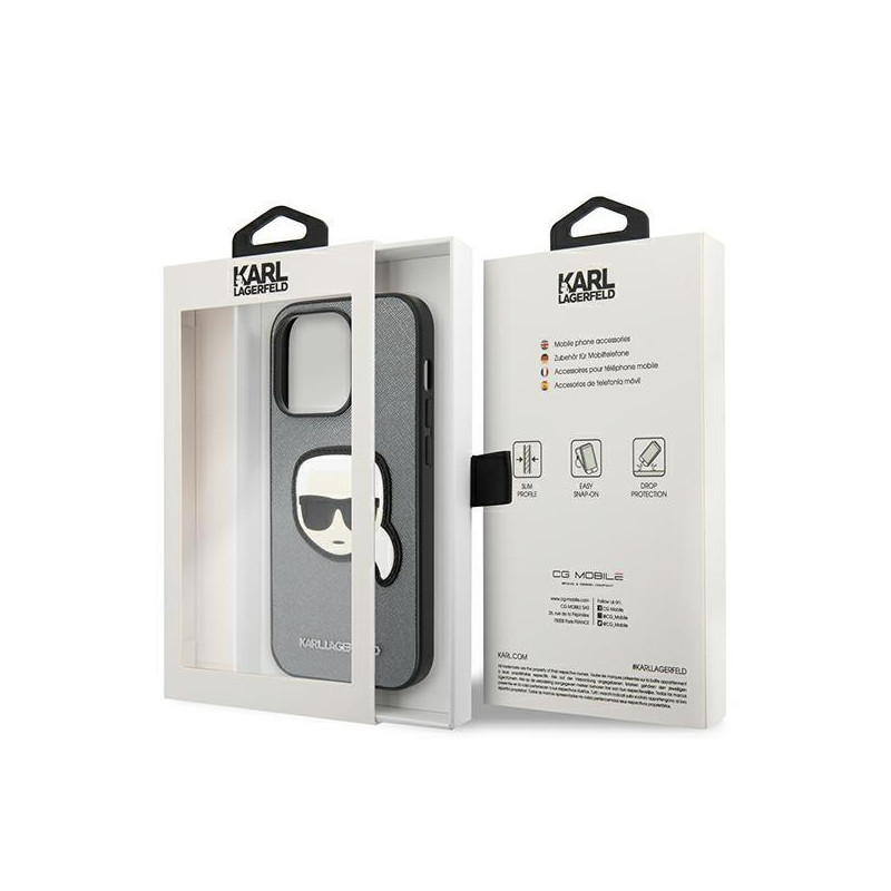Karl Lagerfeld Saffiano Karl& 39 s Head Patch dėklas, skirtas iPhone 14 Pro – sidabrinis