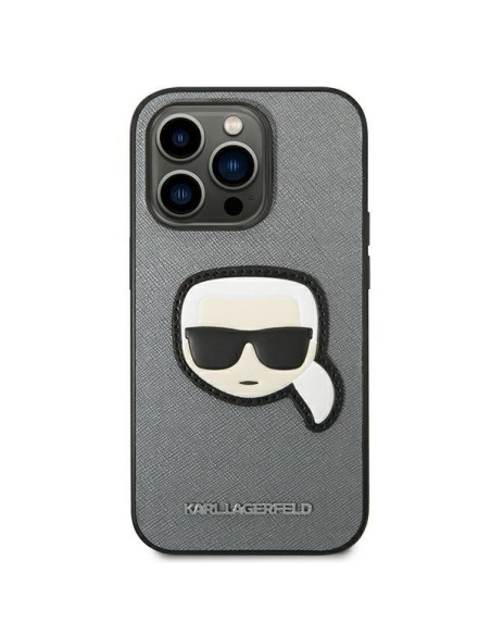 Karl Lagerfeld Saffiano Karl& 39 s Head Patch dėklas, skirtas iPhone 14 Pro Max – sidabrinis