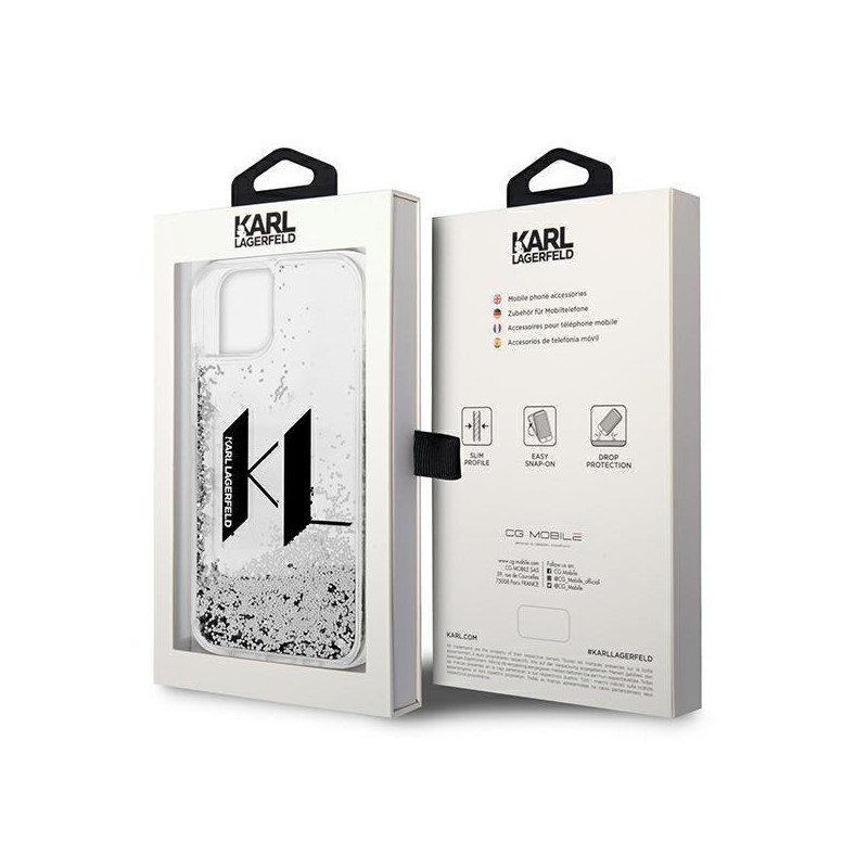Karl Lagerfeld Liquid Glitter Big KL dėklas iPhone 14 Plus - sidabrinis