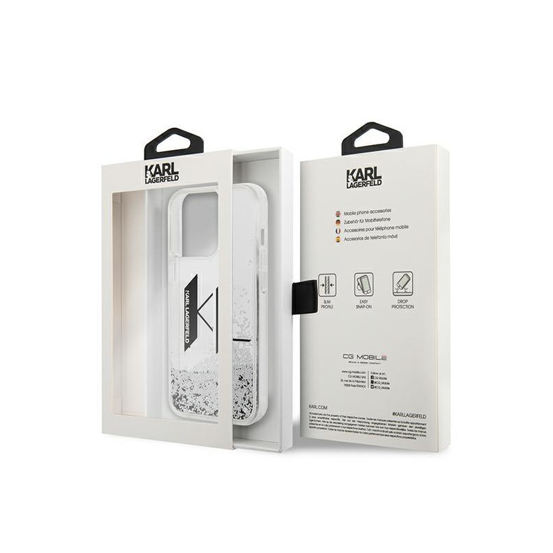 Karl Lagerfeld Liquid Glitter Big KL dėklas iPhone 14 Pro Max - sidabrinis