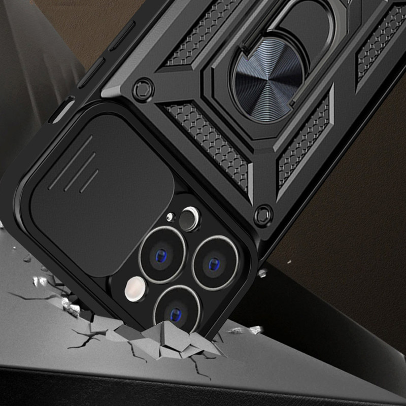 Hybrid Armor Camshield iPhone 14 dėklas, šarvuotas dangtelis su kameros dangteliu, juodas