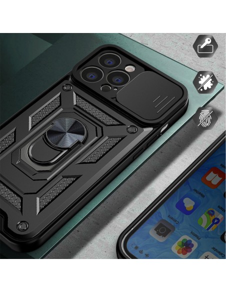Hybrid Armor Camshield iPhone 14 dėklas, šarvuotas dangtelis su kameros dangteliu, juodas