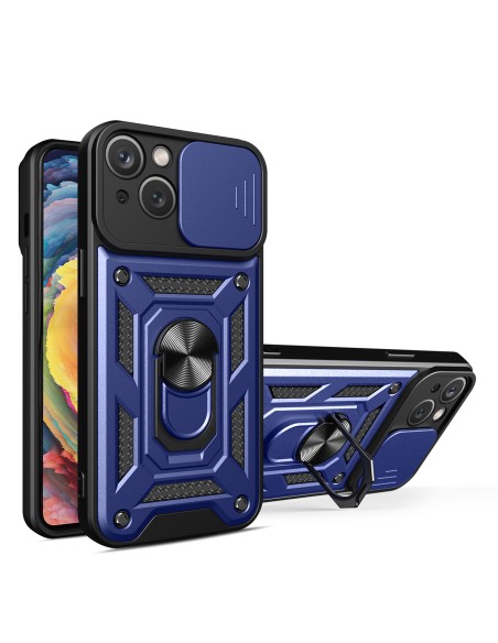 Hybrid Armor Camshield iPhone 14 Plus dėklas, šarvuotas dangtelis su fotoaparato dangteliu, mėlynas