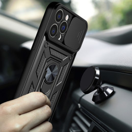 Hybrid Armor Camshield iPhone 14 Pro dėklas, šarvuotas dangtelis su kameros dangteliu, juodas