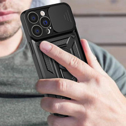 Hybrid Armor Camshield iPhone 14 Pro dėklas, šarvuotas dangtelis su kameros dangteliu, juodas