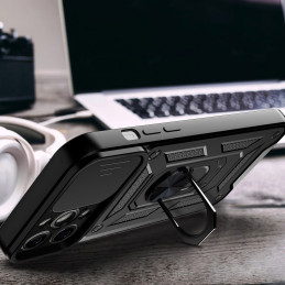 Hybrid Armor Camshield iPhone 14 Pro dėklas, šarvuotas dangtelis su kameros dangteliu, juodas