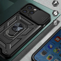 Hybrid Armor Camshield iPhone 14 Pro dėklas, šarvuotas dangtelis su kameros dangteliu, juodas