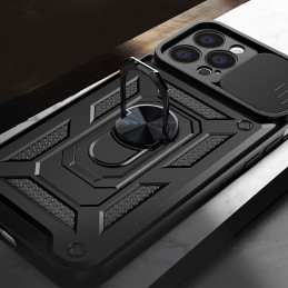 Hybrid Armor Camshield iPhone 14 Pro dėklas, šarvuotas dangtelis su kameros dangteliu, juodas