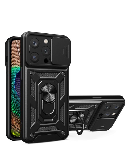 Hybrid Armor Camshield dėklas skirtas iPhone 14 Pro Max, šarvuotas dangtelis su fotoaparato dangteliu, juodas
