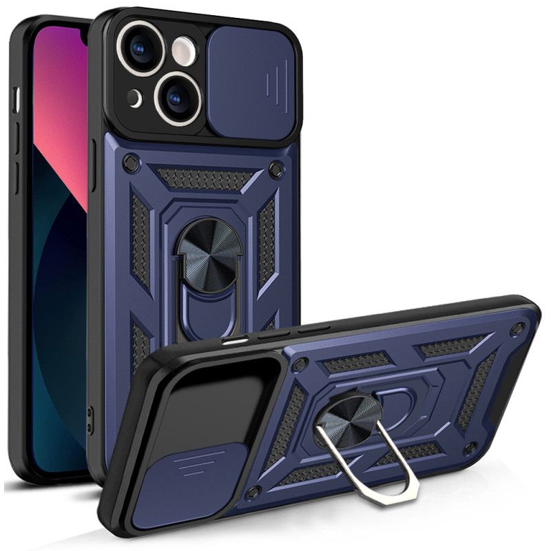 Hybrid Armor Camshield iPhone 13 dėklas, šarvuotas dangtelis su fotoaparato dangteliu, mėlynas