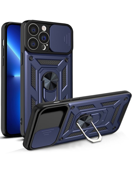 Hybrid Armor Camshield iPhone 13 Pro dėklas, šarvuotas dangtelis su fotoaparato dangteliu, mėlynas