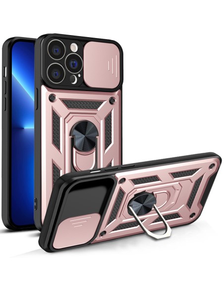 Hybrid Armor Camshield iPhone 13 Pro dėklas, šarvuotas dangtelis su fotoaparato dangteliu, rožinis