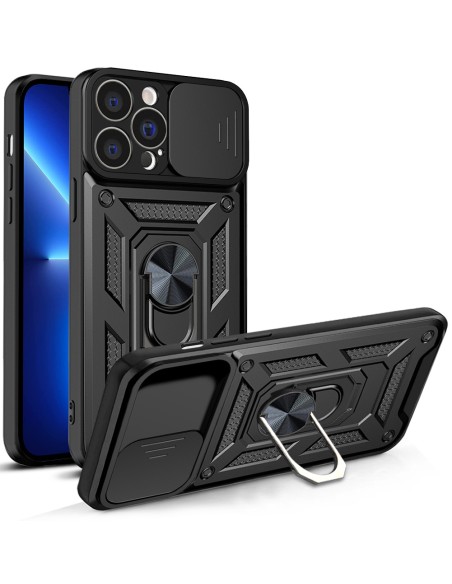 Hybrid Armor Camshield dėklas skirtas iPhone 13 Pro Max, šarvuotas dangtelis su fotoaparato dangteliu, juodas