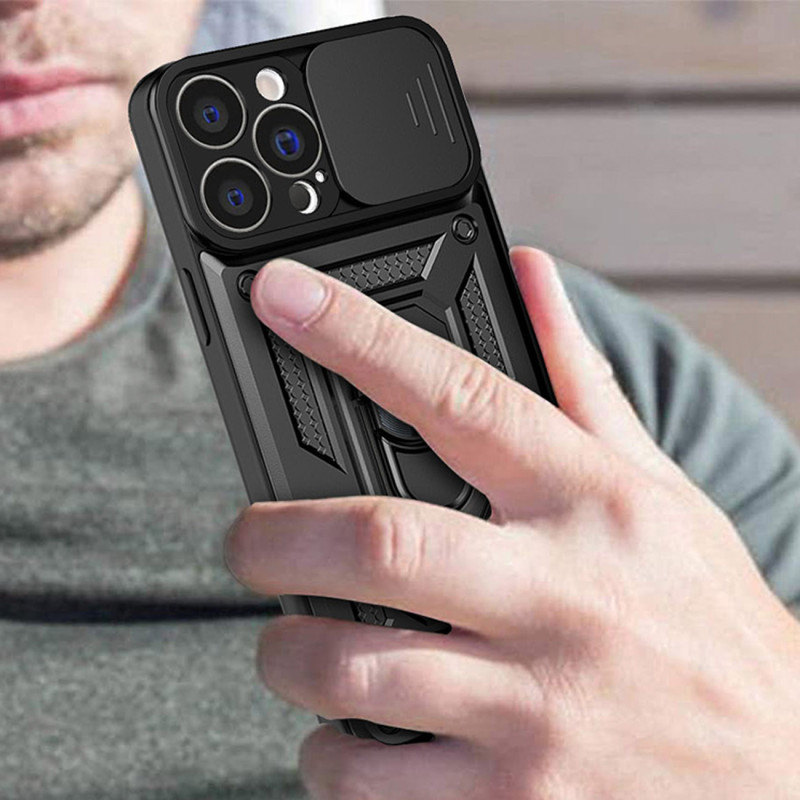 Hybrid Armor Camshield iPhone 13 Pro Max dėklas, šarvuotas dangtelis su fotoaparato dangteliu, mėlynas