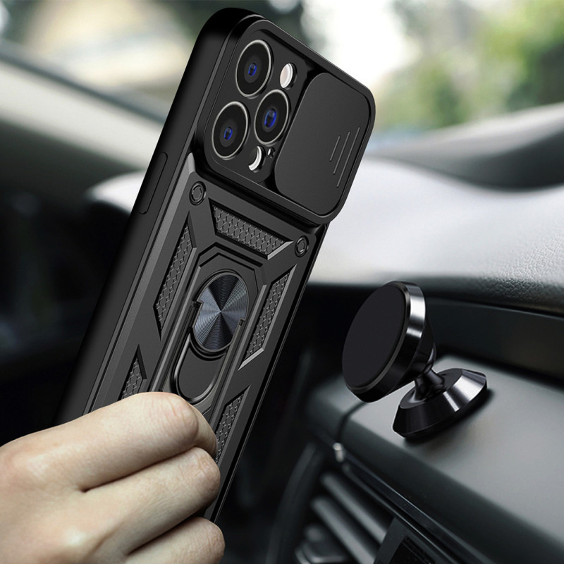 Hybrid Armor Camshield iPhone 13 Pro Max dėklo šarvuotas dangtelis su rožiniu fotoaparato dangteliu