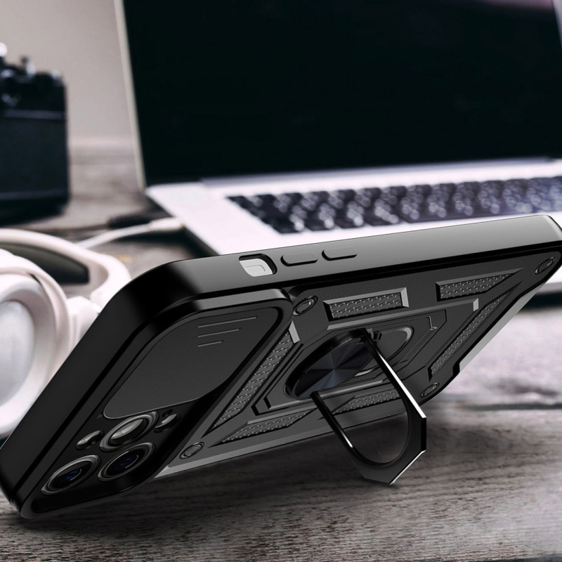 Hybrid Armor Camshield iPhone 13 Pro Max dėklo šarvuotas dangtelis su rožiniu fotoaparato dangteliu