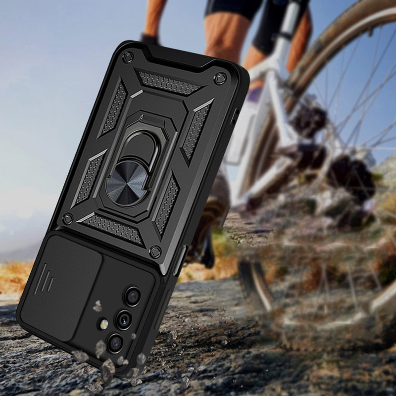 Hybrid Armor Camshield dėklas Samsung Galaxy A13 5G šarvuotas dangtelis su fotoaparato dangteliu juodas