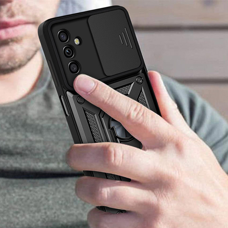 Hybrid Armor Camshield dėklas Samsung Galaxy A13 5G šarvuotas dangtelis su fotoaparato dangteliu juodas