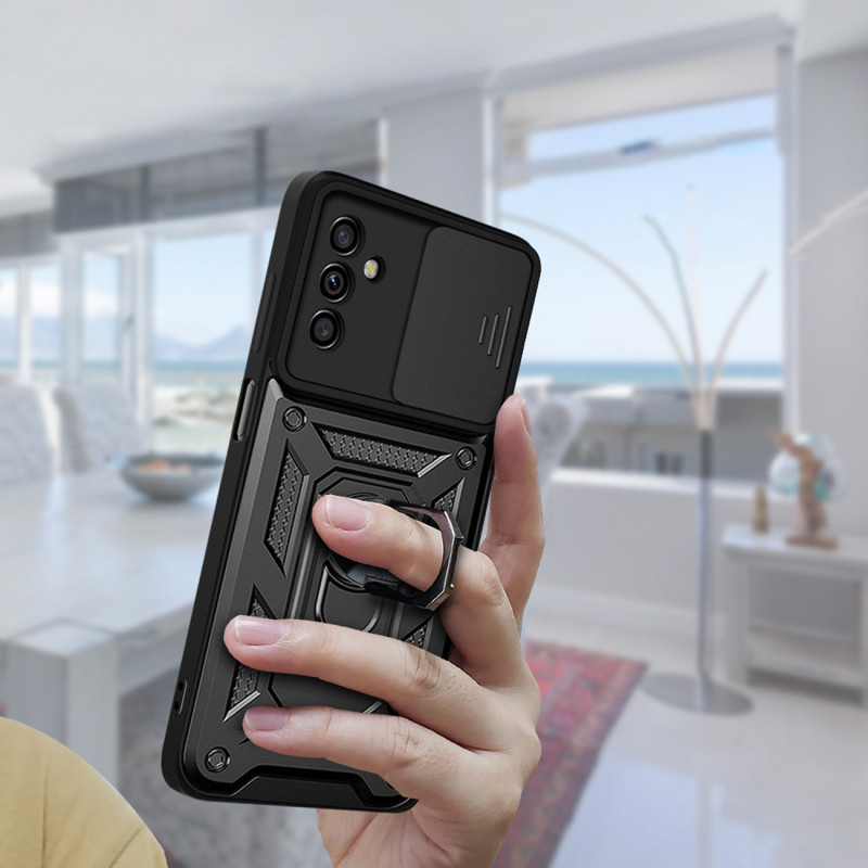 Hybrid Armor Camshield dėklas Samsung Galaxy A13 5G šarvuotas dangtelis su fotoaparato dangteliu juodas