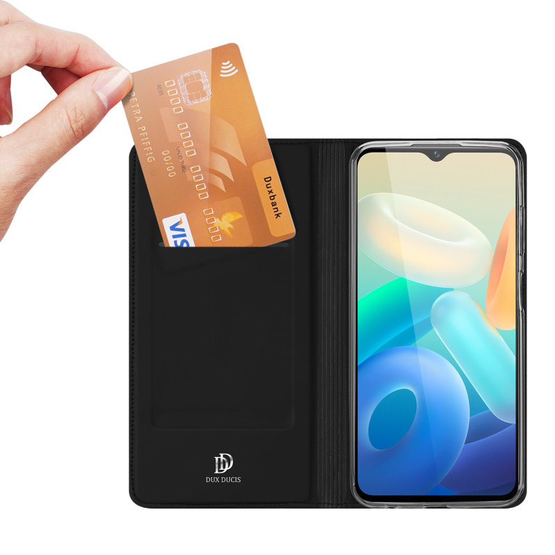 Dux Ducis Skin Pro Case Vivo Y16 / Y02s piniginės dėklo dangtelis su atverčiamu juodu