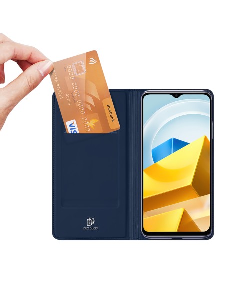 Dux Ducis Skin Pro dėklas Xiaomi Poco M5 piniginės dėklo dangtelis su mėlynos spalvos atvartu Dux Ducis Skin Pro dėklas Xiaomi Poco M5 piniginės dėklo dangtelis su mėlynos spalvos atvartu