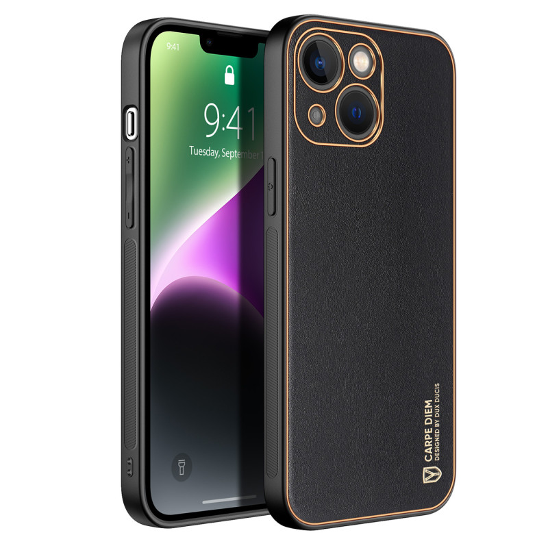 Dux Ducis Yolo iPhone 14 dėklas, elegantiškas dangtelis iš juodos ekologiškos odos