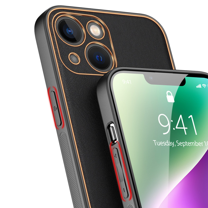 Dux Ducis Yolo iPhone 14 dėklas, elegantiškas dangtelis iš juodos ekologiškos odos