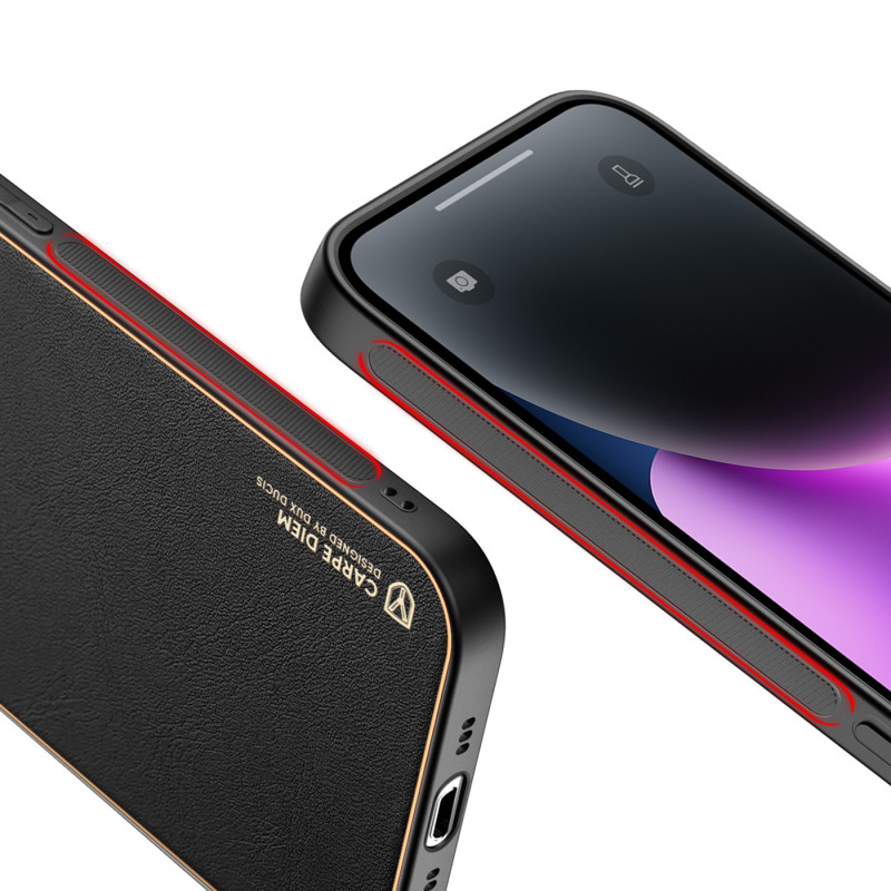 Dux Ducis Yolo iPhone 14 dėklas, elegantiškas dangtelis iš juodos ekologiškos odos