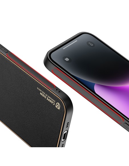 Dux Ducis Yolo iPhone 14 dėklas, elegantiškas dangtelis iš juodos ekologiškos odos Dux Ducis Yolo iPhone 14 dėklas, elegantiškas dangtelis iš juodos ekologiškos odos