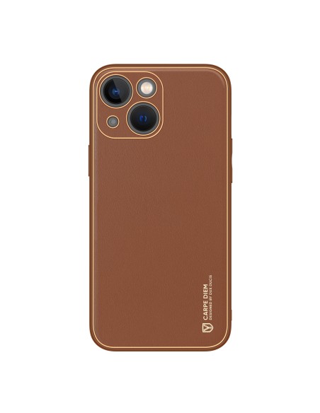 Dux Ducis Yolo iPhone 14 dėklas, elegantiškas dėklas pagamintas iš rudos ekologiškos odos
