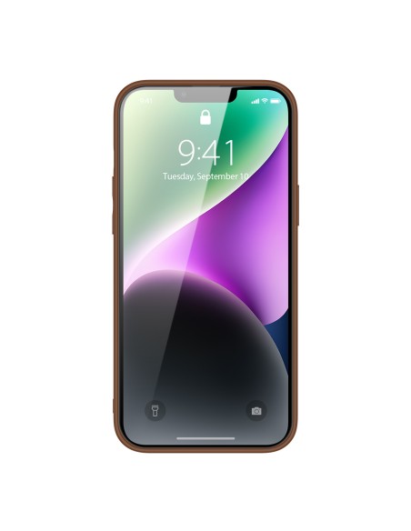 Dux Ducis Yolo iPhone 14 dėklas, elegantiškas dėklas pagamintas iš rudos ekologiškos odos