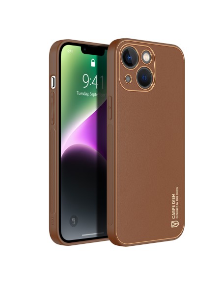Dux Ducis Yolo iPhone 14 dėklas, elegantiškas dėklas pagamintas iš rudos ekologiškos odos