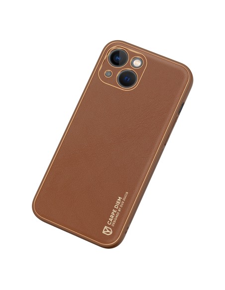 Dux Ducis Yolo iPhone 14 dėklas, elegantiškas dėklas pagamintas iš rudos ekologiškos odos