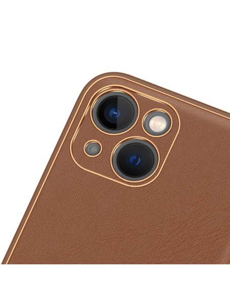 Dux Ducis Yolo iPhone 14 dėklas, elegantiškas dėklas pagamintas iš rudos ekologiškos odos