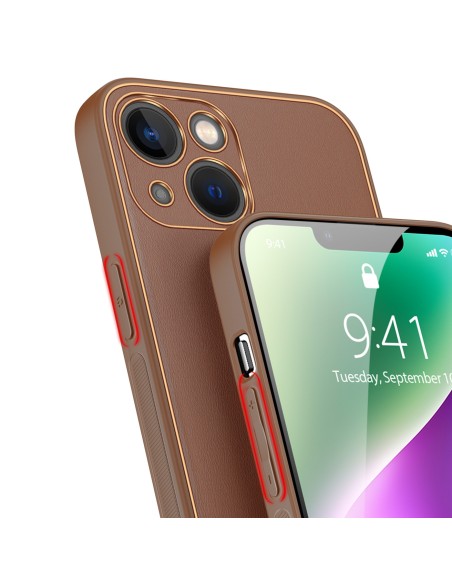 Dux Ducis Yolo iPhone 14 dėklas, elegantiškas dėklas pagamintas iš rudos ekologiškos odos