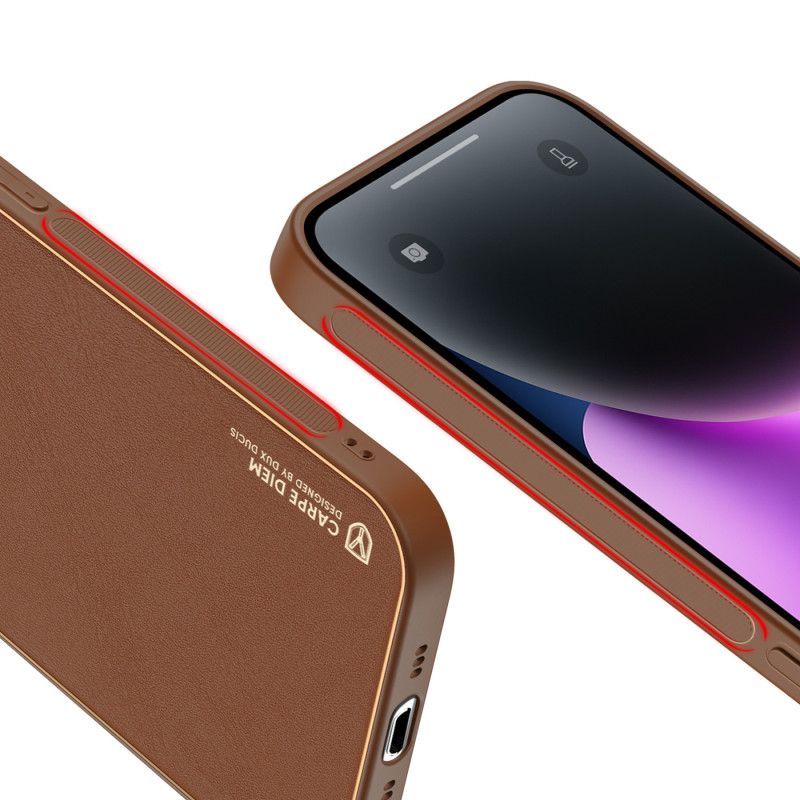 Dux Ducis Yolo iPhone 14 dėklas, elegantiškas dėklas pagamintas iš rudos ekologiškos odos