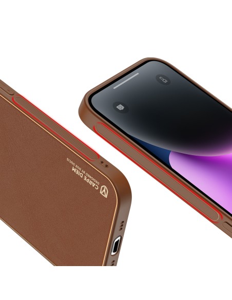 Dux Ducis Yolo iPhone 14 dėklas, elegantiškas dėklas pagamintas iš rudos ekologiškos odos
