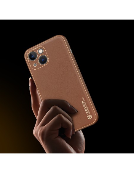 Dux Ducis Yolo iPhone 14 dėklas, elegantiškas dėklas pagamintas iš rudos ekologiškos odos