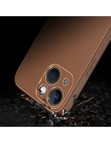 Dux Ducis Yolo iPhone 14 dėklas, elegantiškas dėklas pagamintas iš rudos ekologiškos odos