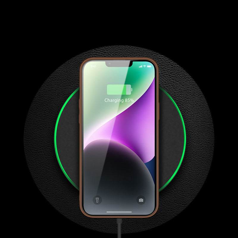 Dux Ducis Yolo iPhone 14 dėklas, elegantiškas dėklas pagamintas iš rudos ekologiškos odos
