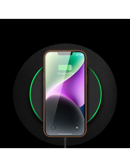 Dux Ducis Yolo iPhone 14 dėklas, elegantiškas dėklas pagamintas iš rudos ekologiškos odos