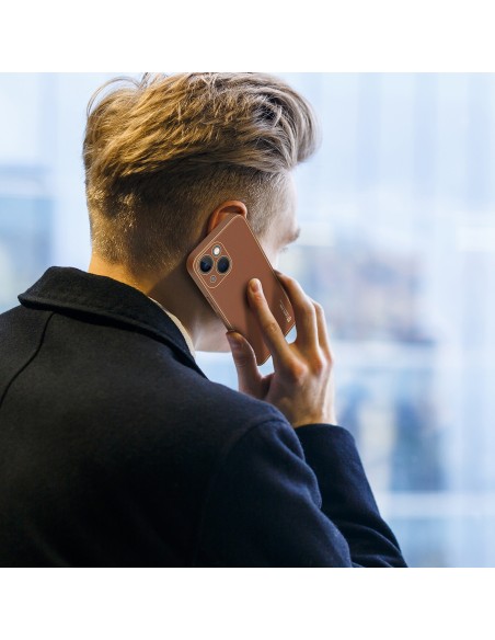 Dux Ducis Yolo iPhone 14 dėklas, elegantiškas dėklas pagamintas iš rudos ekologiškos odos